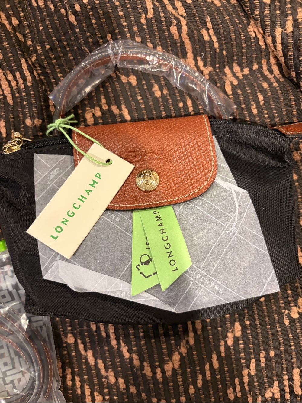 Longchamp Black Nylon Tote with Brown Leather Flap